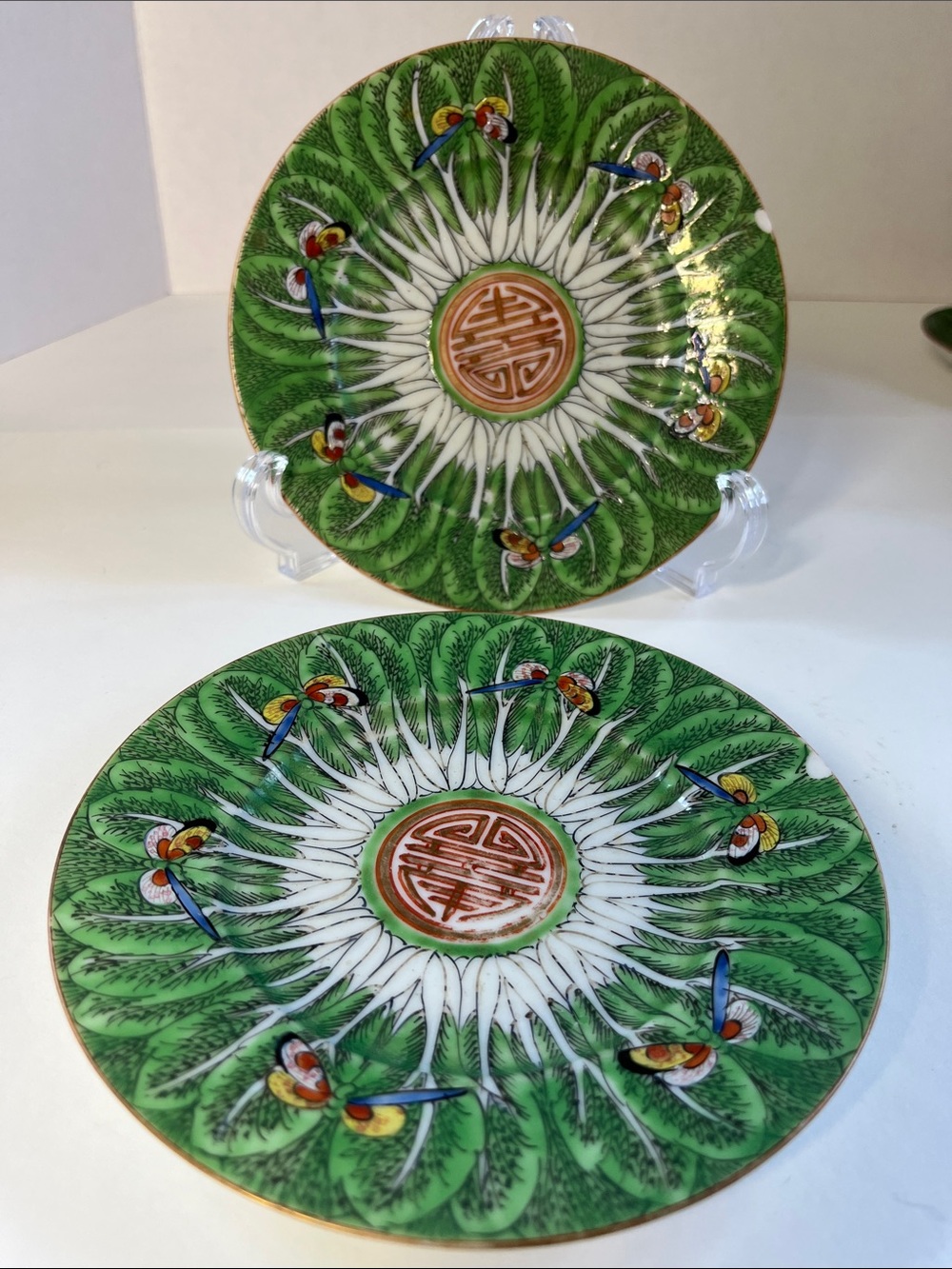 Antique Chinese Famille Verte
Porcelain Plate 6" Bok Choy Set of 2 (f)